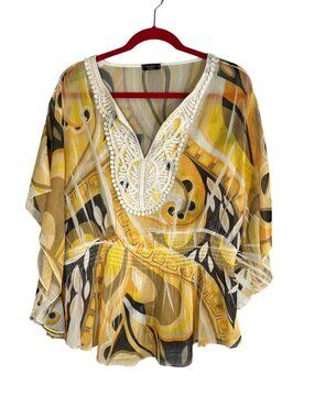 Colorful Sheer Floral Peplum Top Yellow 2X Resort Preppy Tropical Festival Chic